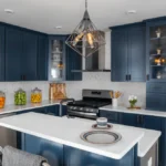blue kitchen with dark cabinets