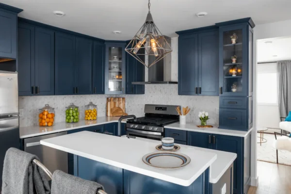 blue kitchen with dark cabinets