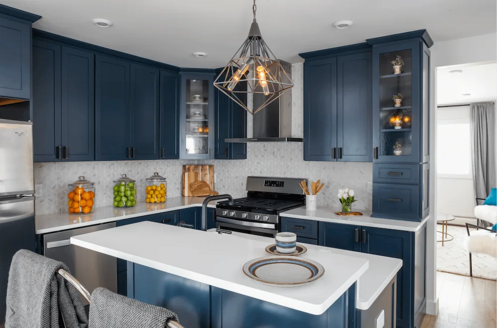 blue kitchen with dark cabinets